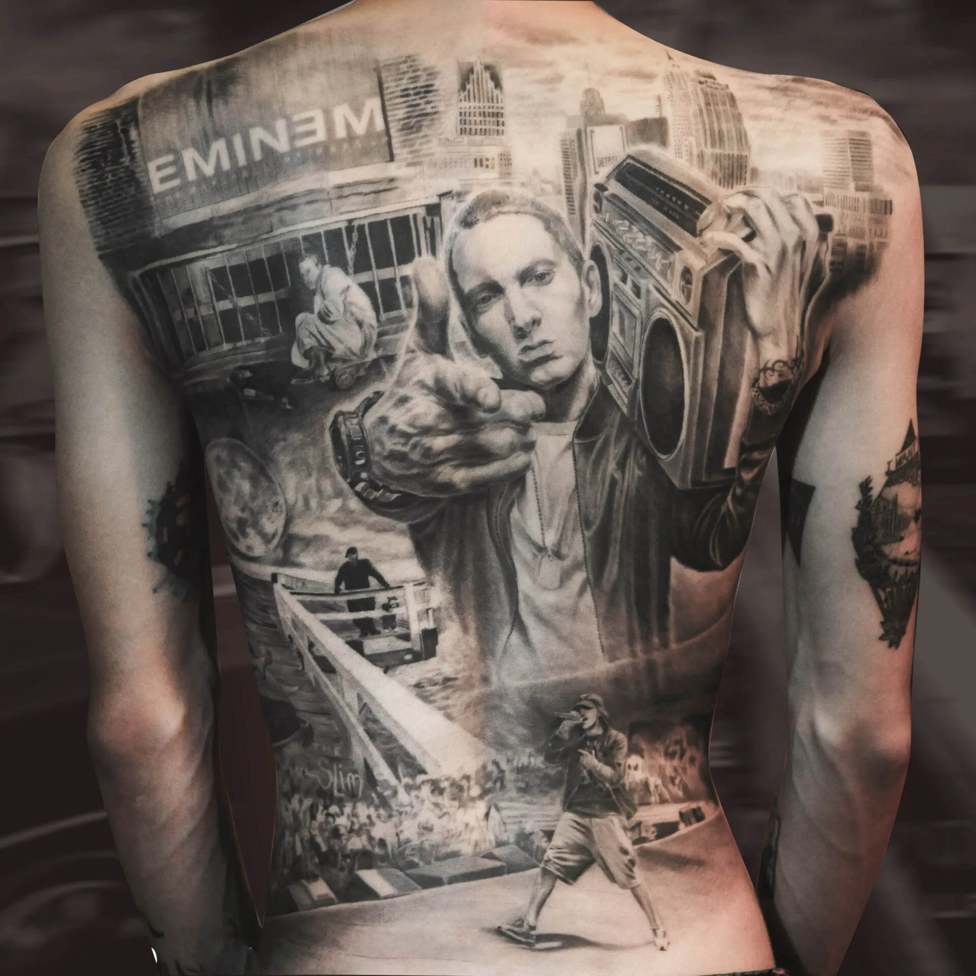 Hình Xăm full back Eminem đạt giải 1st Big Realistic Black and Grey - Hanoi Inkfét 2016